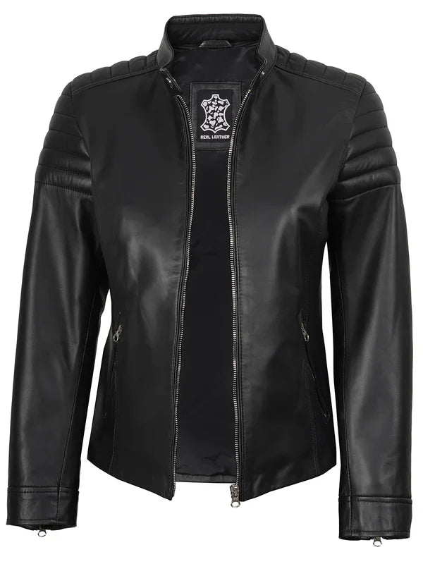 Women's Black Cafe Racer Style Leather Jacket