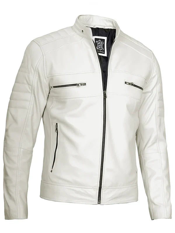 Mens Off White Cafe Racer Real Leather Jacket