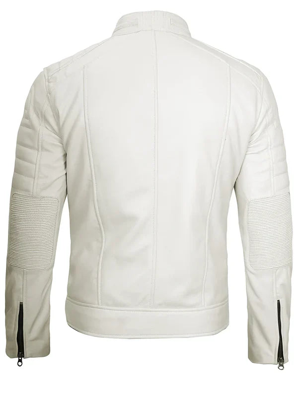 Mens Off White Cafe Racer Real Leather Jacket