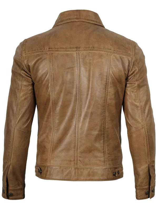 Men’s Camel Brown Leather Trucker Genuine Leather Jacket