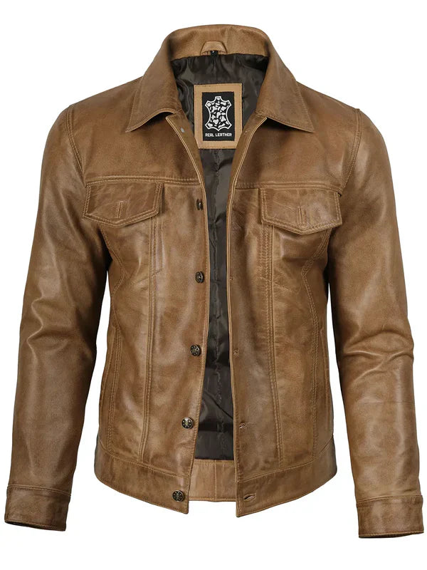 Men’s Camel Brown Leather Trucker Genuine Leather Jacket