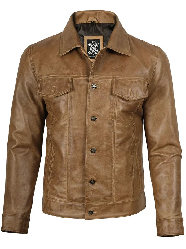 Men’s Camel Brown Leather Trucker Genuine Leather Jacket