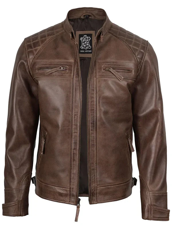 Men Chocolate Brown Cafe Racer Real Leather Jacket