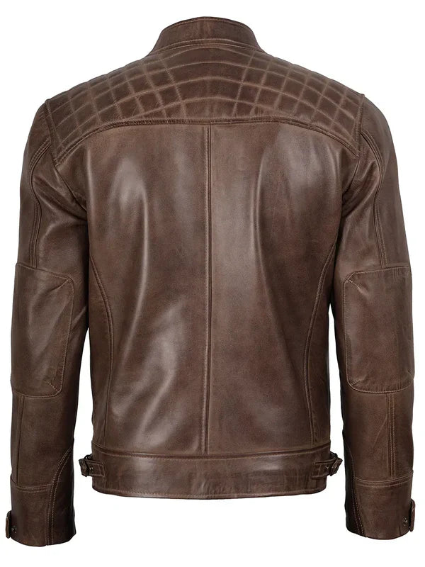 Men Chocolate Brown Cafe Racer Real Leather Jacket