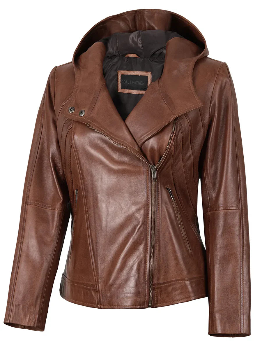 Cidra Women Asymmetrical Brown Hooded Leather Jacket