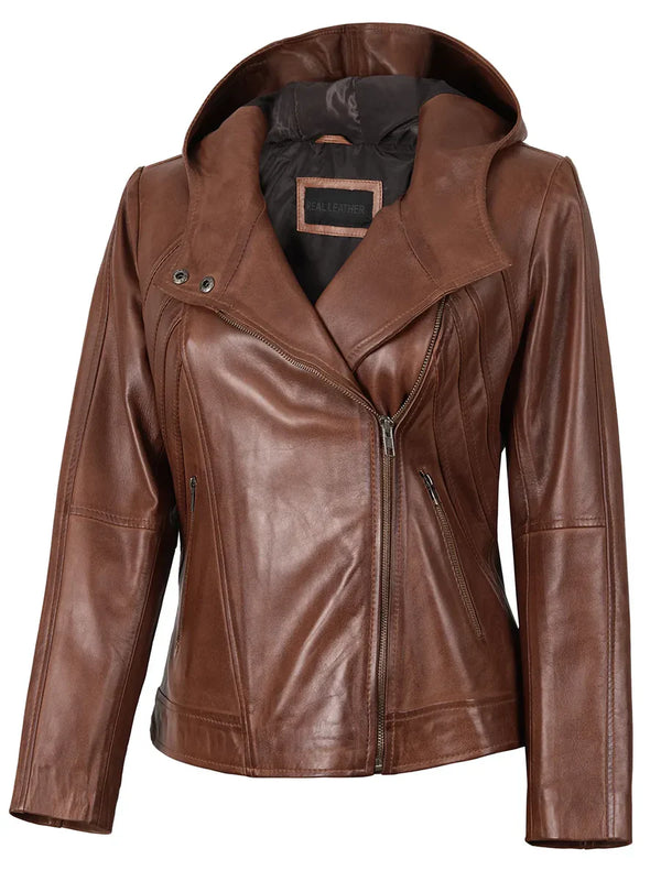 Cidra Women Asymmetrical Brown Hooded Leather Jacket