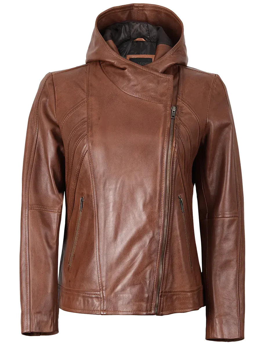 Cidra Women Asymmetrical Brown Hooded Leather Jacket