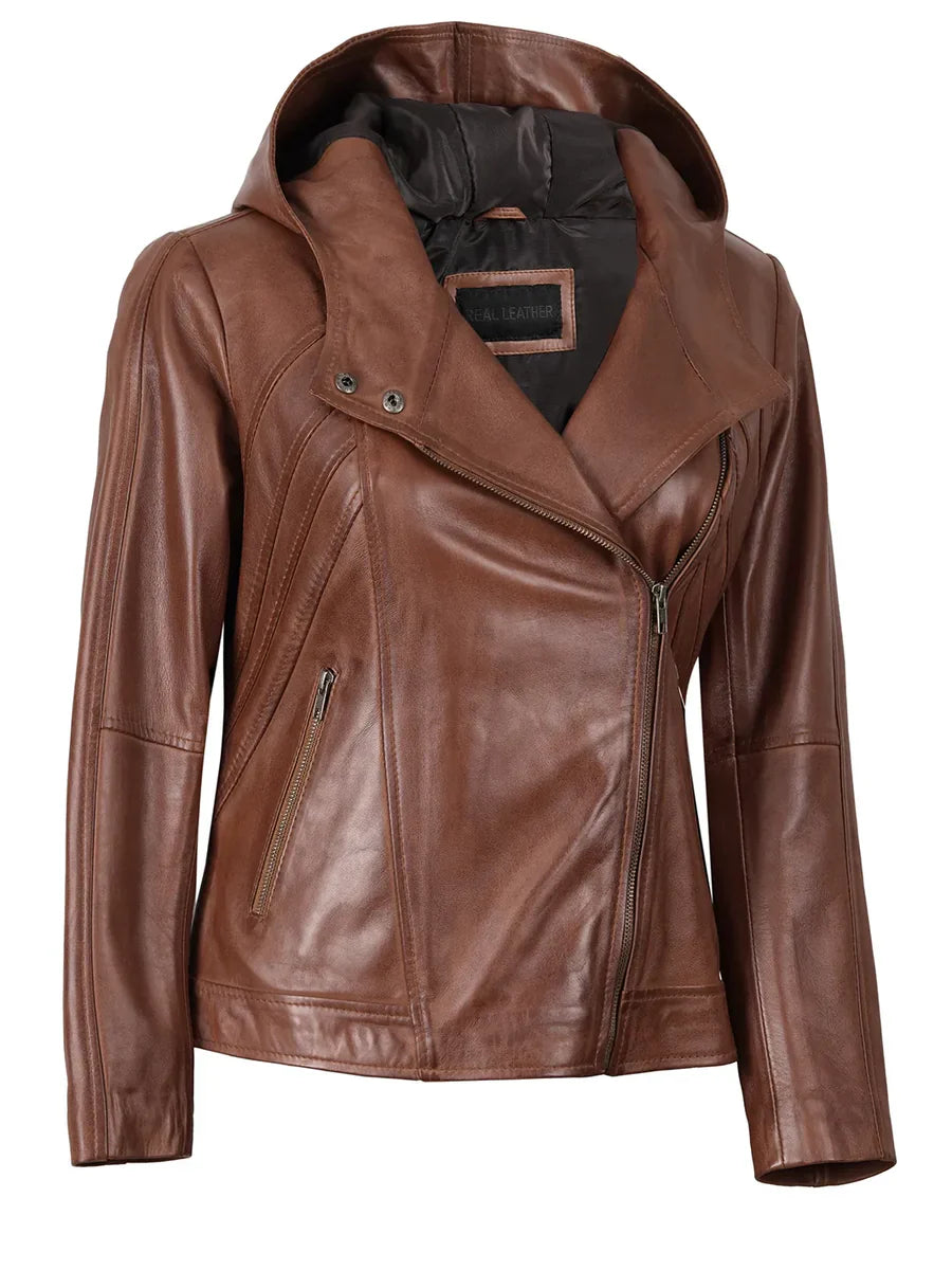 Cidra Women Asymmetrical Brown Hooded Leather Jacket