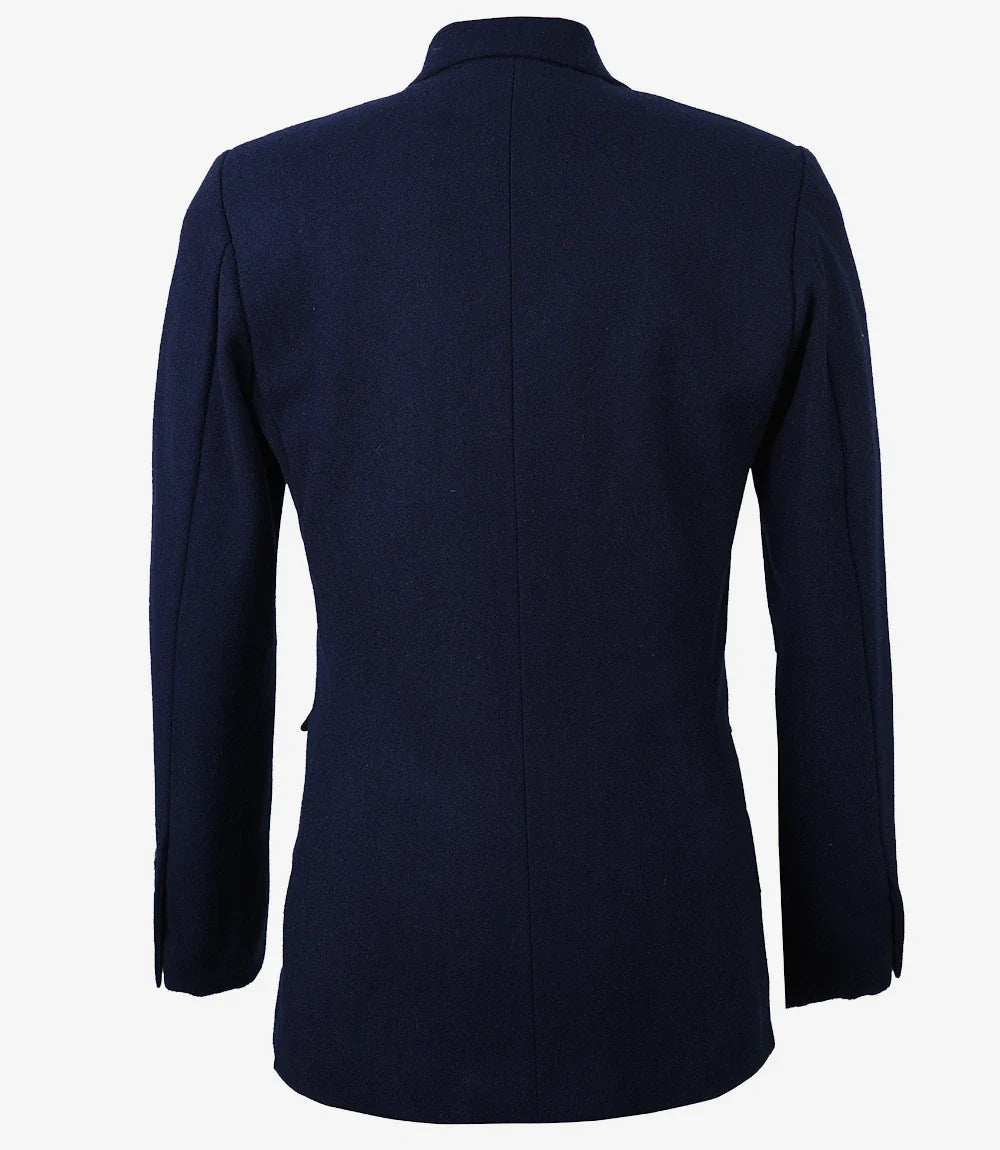 Women's Notch Lapel Navy Blue Wool Blazer - Single Button Closure
