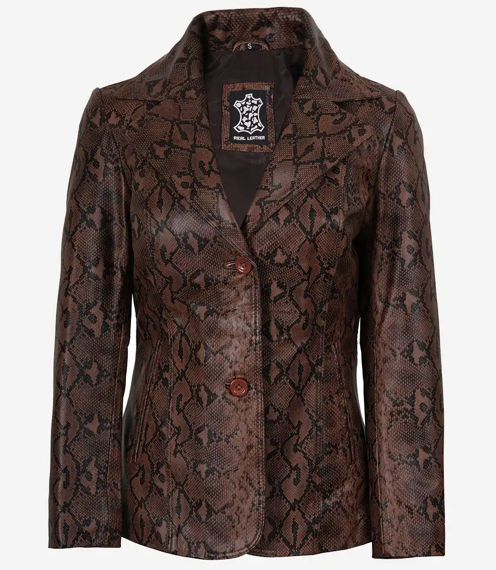 Kathryn Womens Snake Pattern  Cognac Leather Blazer