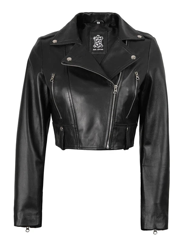 Colleen Women’s Cropped Black Biker Style Leather Jacket