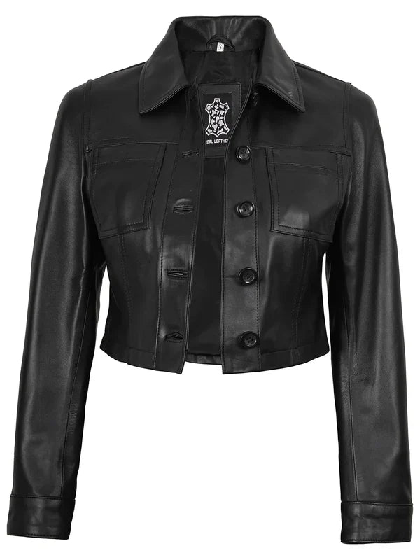 Mable Womens Black Cropped Harrington Leather Jacket