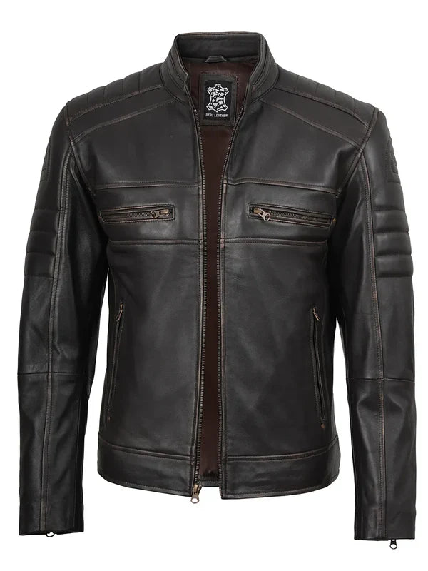 Men’s Dark Brown Rub Off Cafe Racer Genuine Leather Jacket