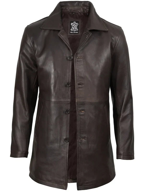 Winchester Men's Distressed Dark Brown Leather Car Coat