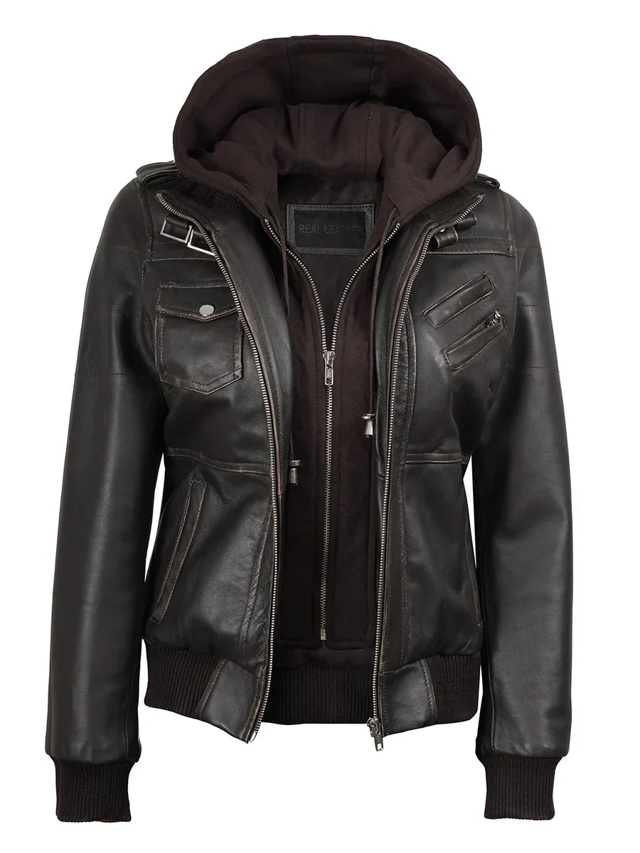 Women's Dark Brown Rub Off Leather Jacket with Removable Hood
