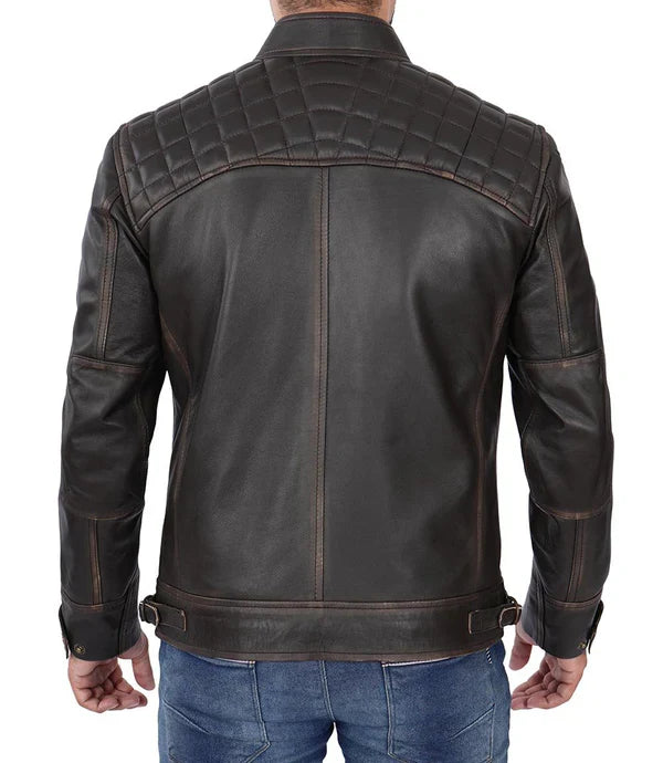Men's Distressed Brown Cafe Racer Leather Jacket