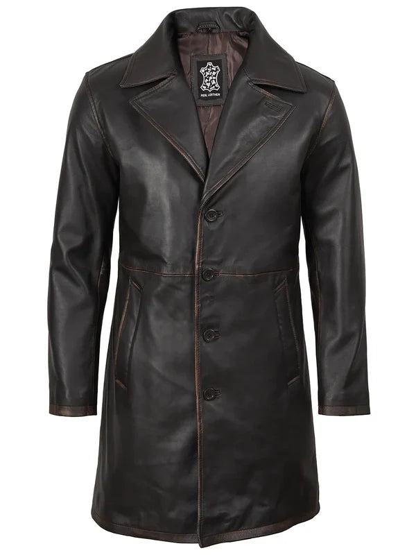 Men's Real Leather 3 4 Length Dark Brown Car Coat
