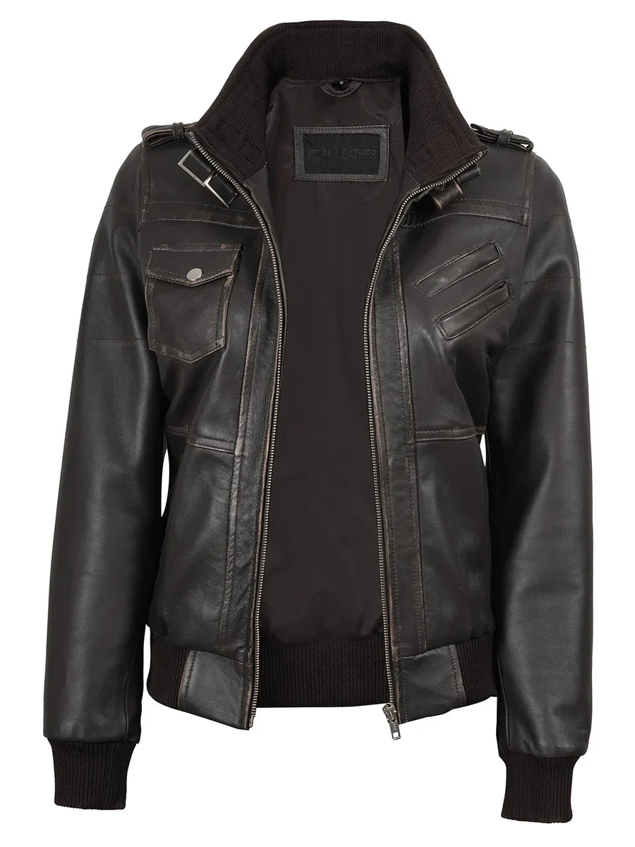 Women's Dark Brown Rub Off Leather Jacket with Removable Hood
