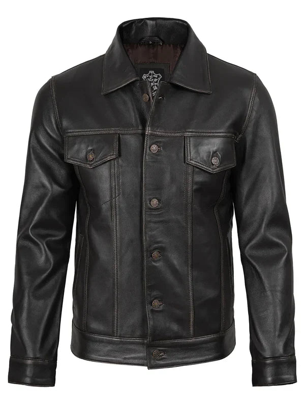 Men’s Dark Brown Trucker Genuine Leather Jacket