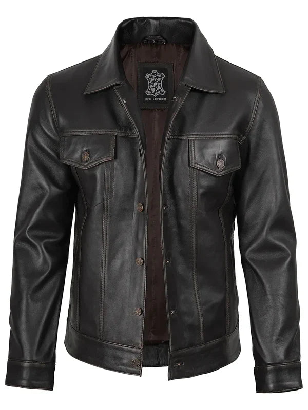 Men’s Dark Brown Trucker Genuine Leather Jacket