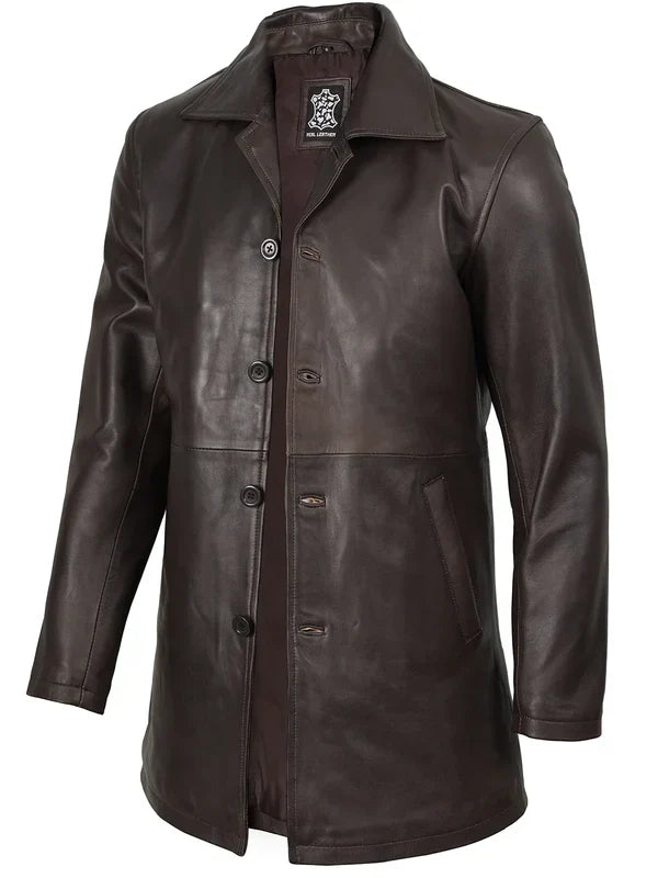 Winchester Men's Distressed Dark Brown Leather Car Coat
