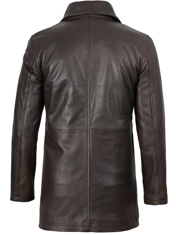 Winchester Men's Distressed Dark Brown Leather Car Coat
