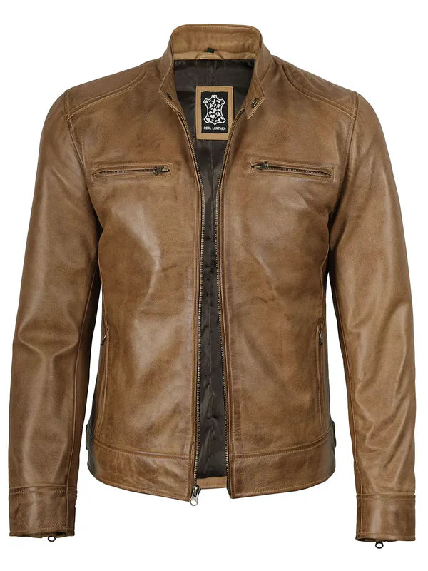 Dodge Men's Camel Brown Leather Cafe Racer Jacket
