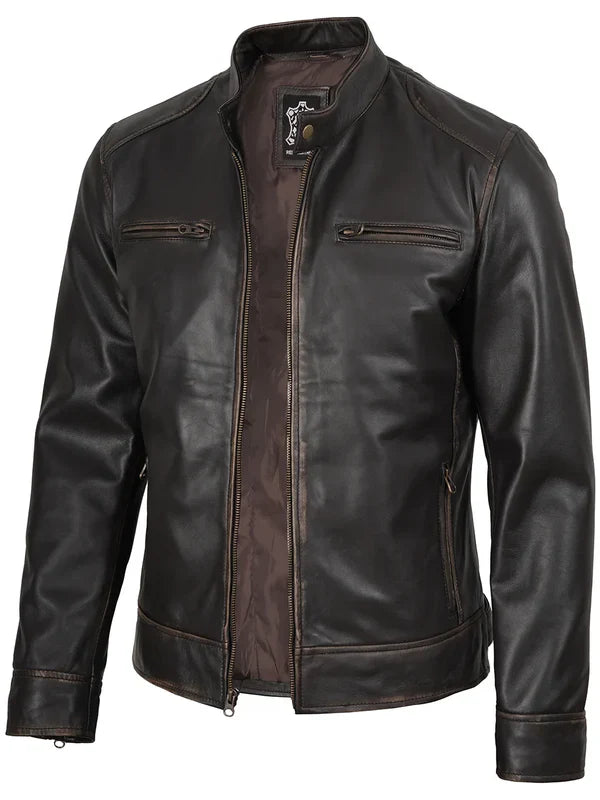 Dodge Men's Rub-Off Dark Brown Cafe Racer Leather Jacket