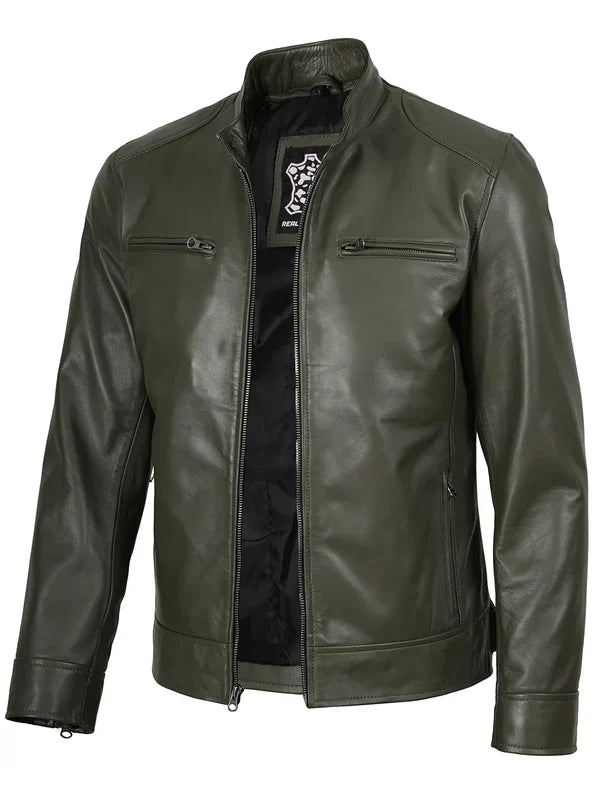 Dodge Mens Green Cafe Racer Real Leather Jacket
