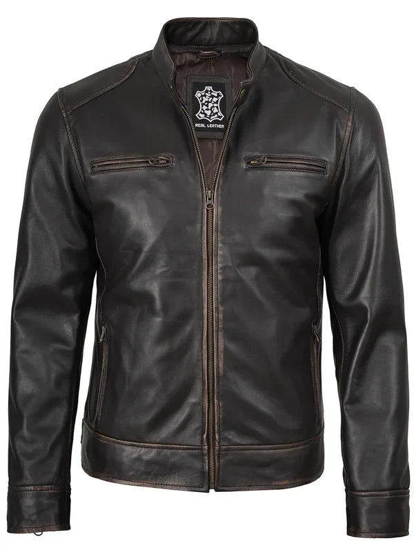 Dodge Men's Rub-Off Dark Brown Cafe Racer Leather Jacket
