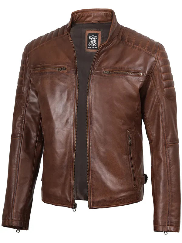 Mens Cognac Brown Cafe Racer Leather Jacket