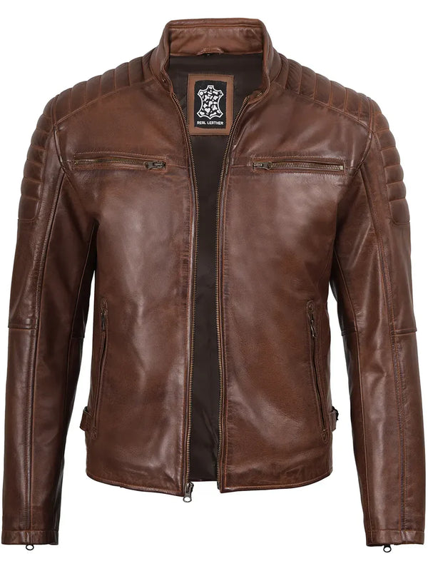 Mens Cognac Brown Cafe Racer Leather Jacket