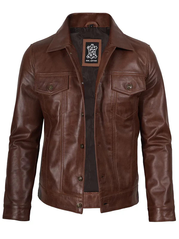 Fernando Men's Cognac Wax Harrington Leather Trucker Jacket