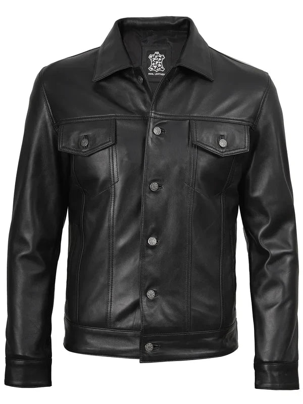 Fernando Men’s Black Leather Trucker Genuine Leather Jacket