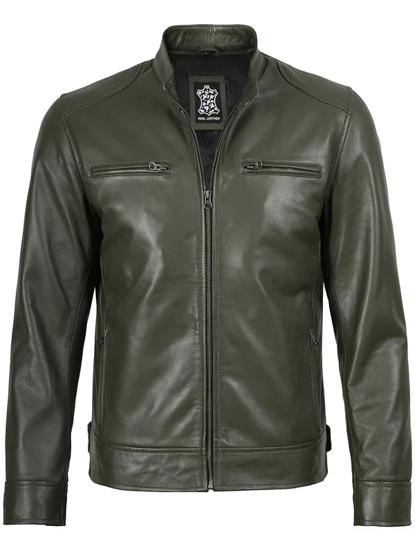 Dodge Mens Green Cafe Racer Real Leather Jacket
