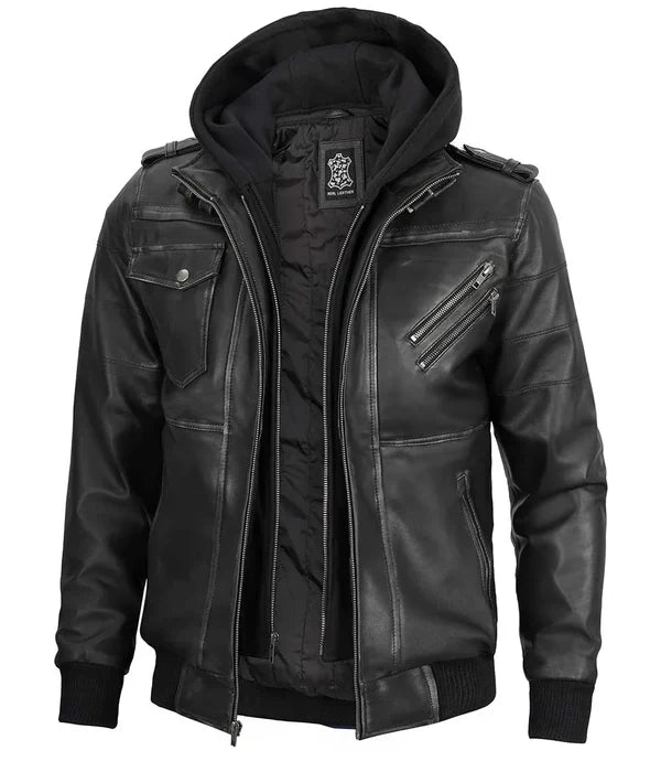Men's Bomber Dark Grey Leather Jacket with Removable Hood