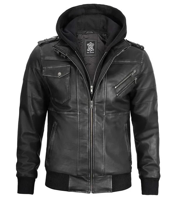 Men's Bomber Dark Grey Leather Jacket with Removable Hood