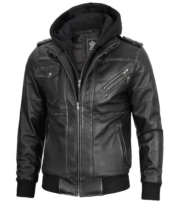 Men's Bomber Dark Grey Leather Jacket with Removable Hood