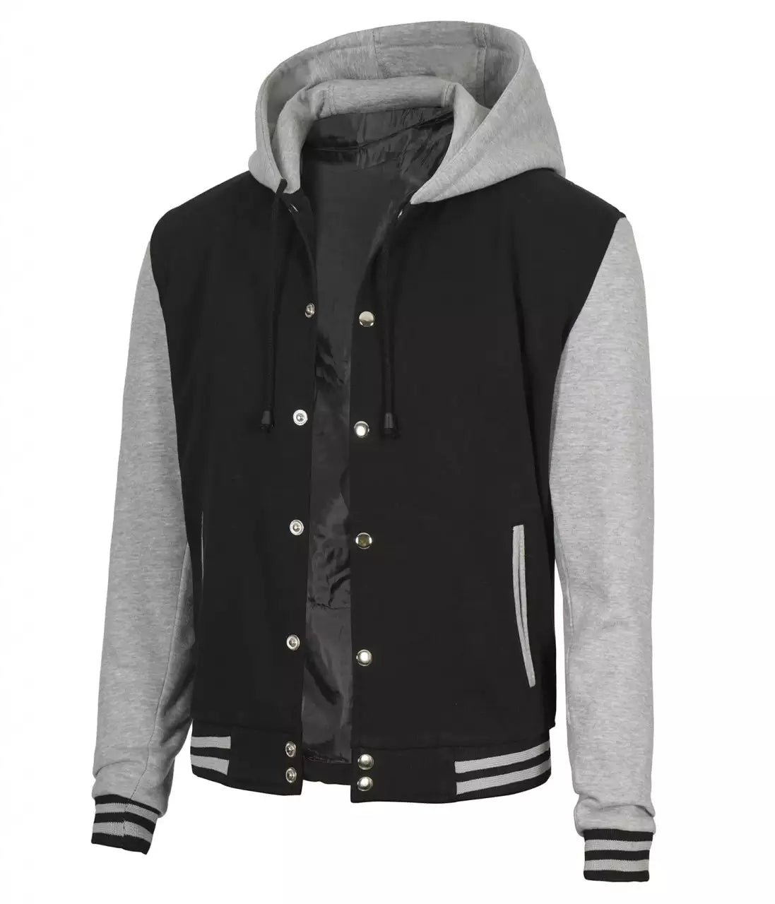 Mens Black and Grey Varsity Jacket with Hood - Baseball