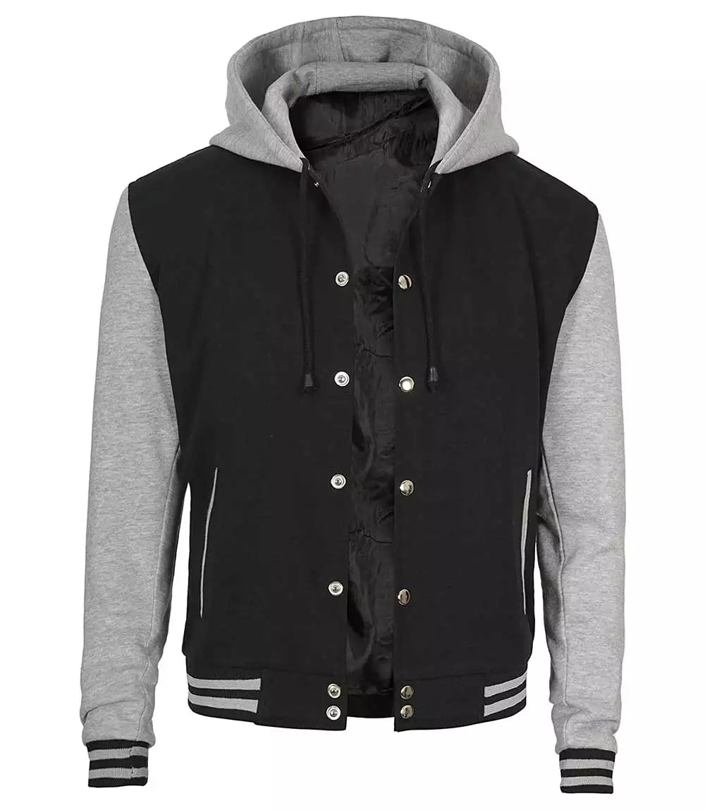 Mens Black and Grey Varsity Jacket with Hood - Baseball