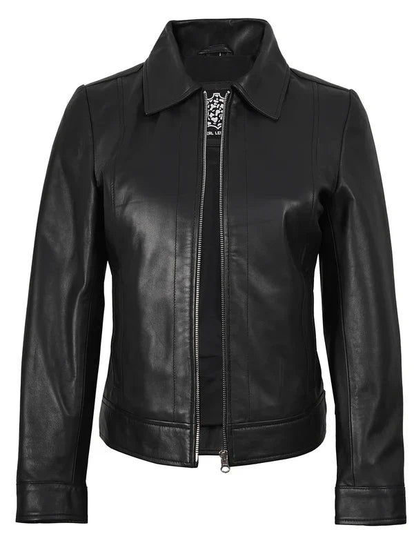 Women's Harrington Style Black Real Leather Jacket