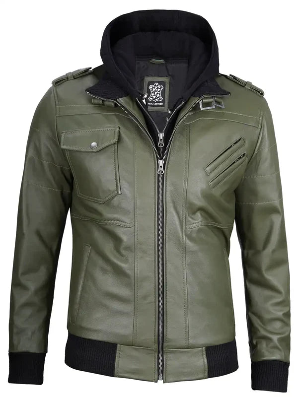 Men's Military Green Leather Jacket with Removable Hood