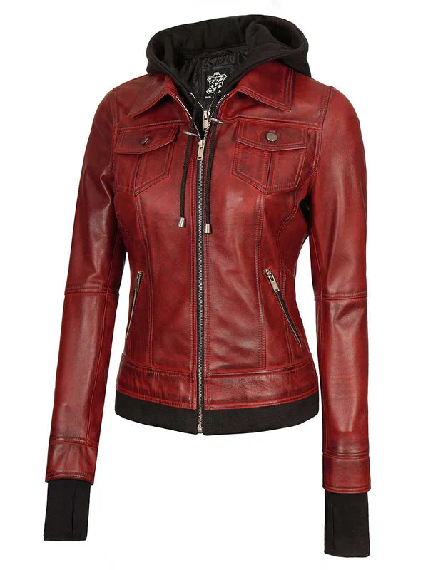 Tralee Women's Maroon Bomber Leather Jacket