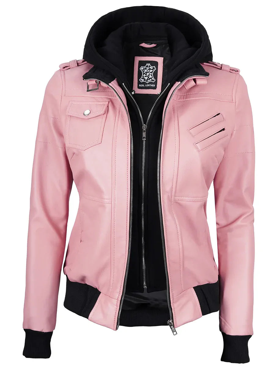 Women's Pink Leather Jacket with Removable Hood