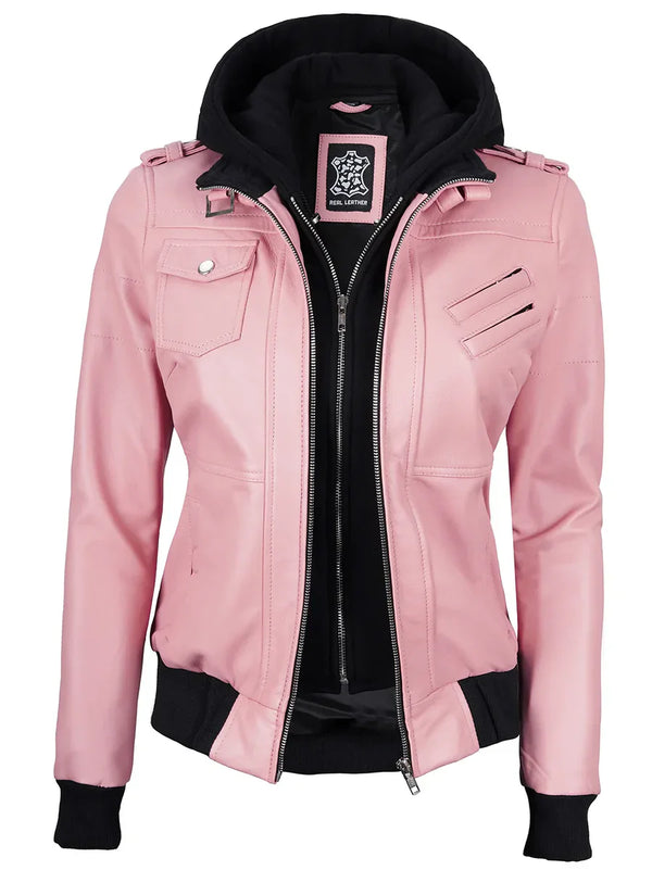 Women's Pink Leather Jacket with Removable Hood