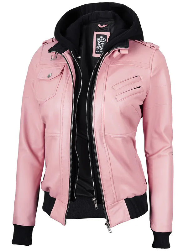 Women's Pink Leather Jacket with Removable Hood