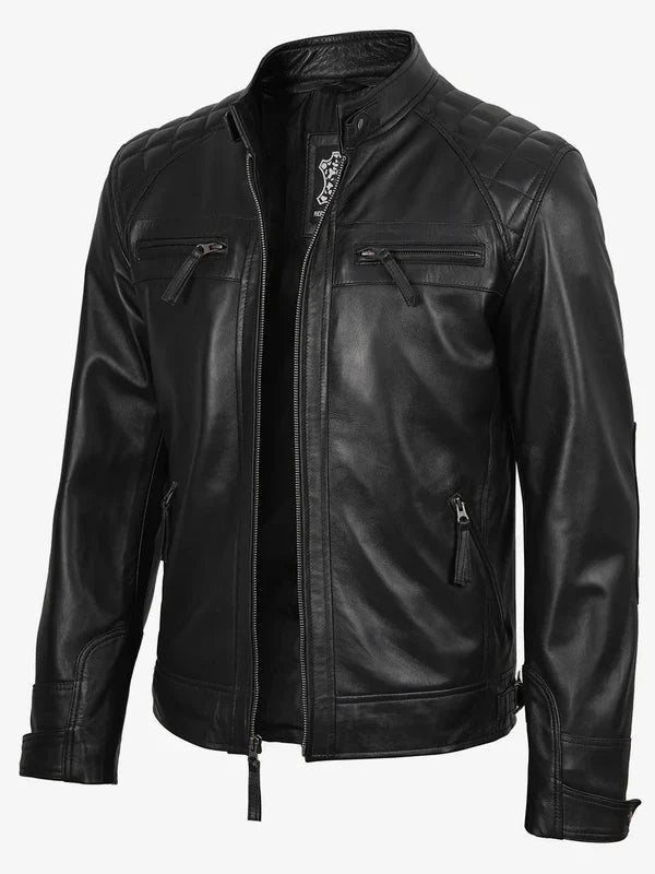 Johnson Mens Black Quilted Biker Style Real Leather Jacket