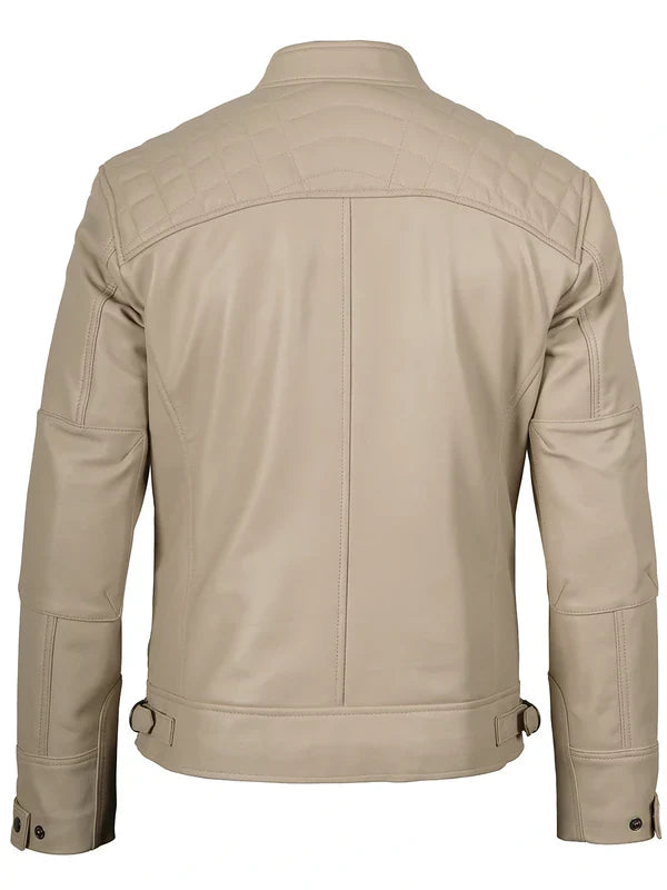 Men’s Beige Cafe Racer Leather Genuine Leather Jacket