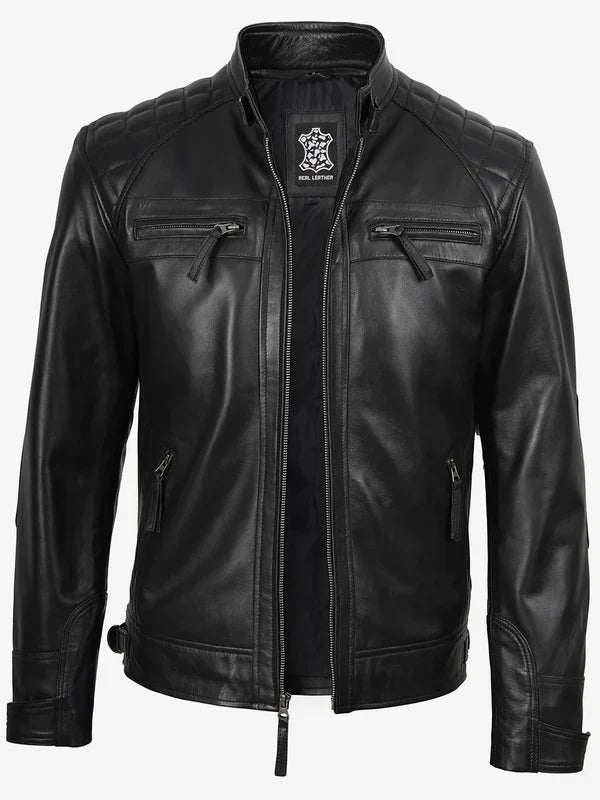 Johnson Mens Black Quilted Biker Style Real Leather Jacket