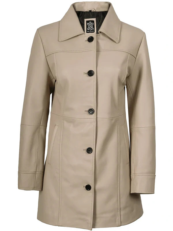 Kandis Women’s Premium Beige Real Leather Car Coat